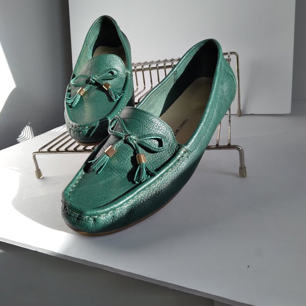 Isaac Mizrahi Live!  Emerald Green Driving Moccasins with Leather Bow SZ 7.5